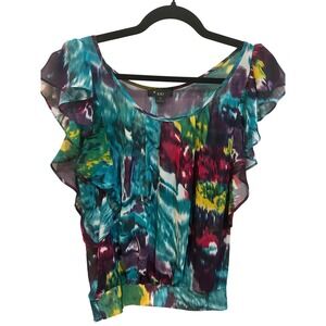 XXI Forever 21 Multicolor Blouse Ruffle Cap Sleeves Sheer S Smocked